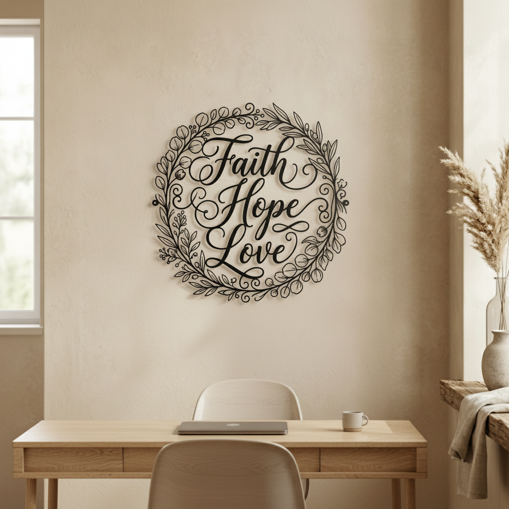 Round Faith Hope Love metal sign with delicate wreath in black steel – image 8