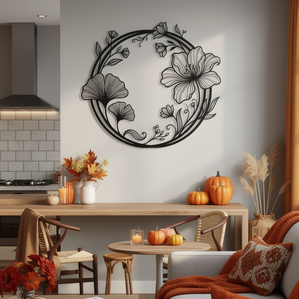 Round ginkgo leaf and flower wreath metal wall art in black steel – image 10