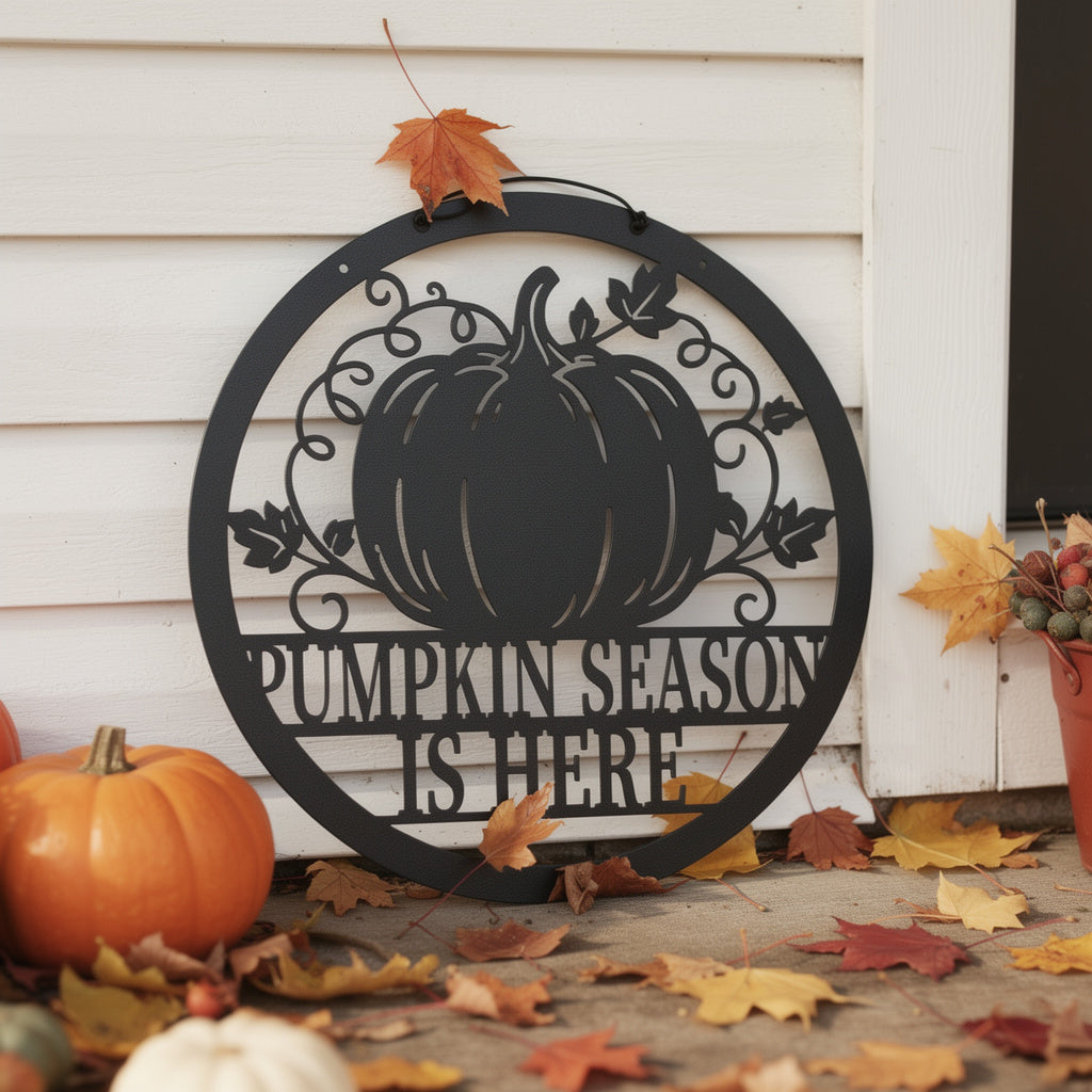 Round Pumpkin Season Is Here metal sign with pumpkins and vines – image 10