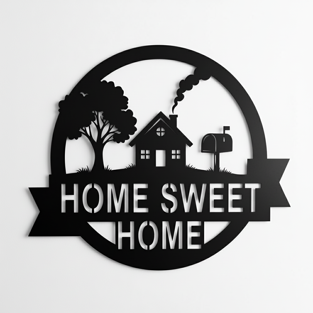 Round Home Sweet Home metal sign with house and mailbox in black steel – image 9