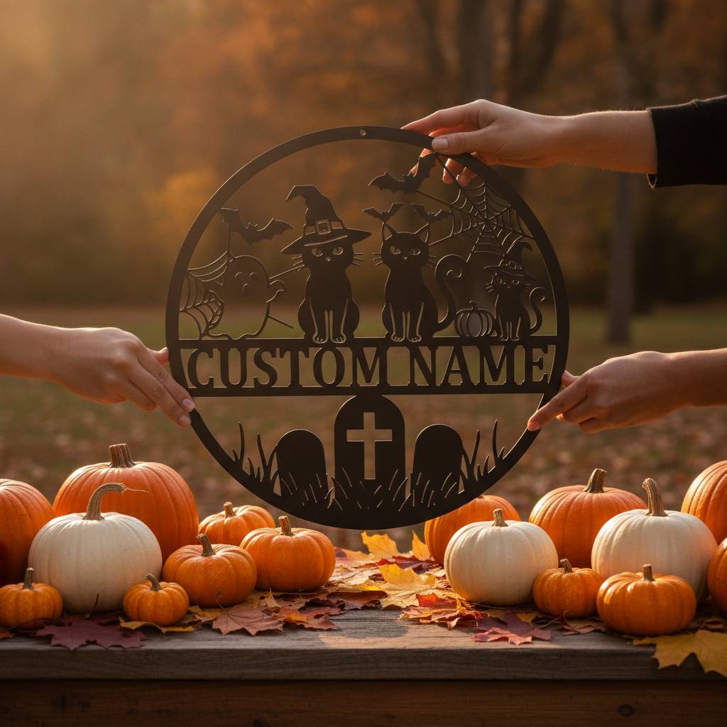 Personalisiertes Halloween Katzenschild mit Namen aus schwarzem Stahl
