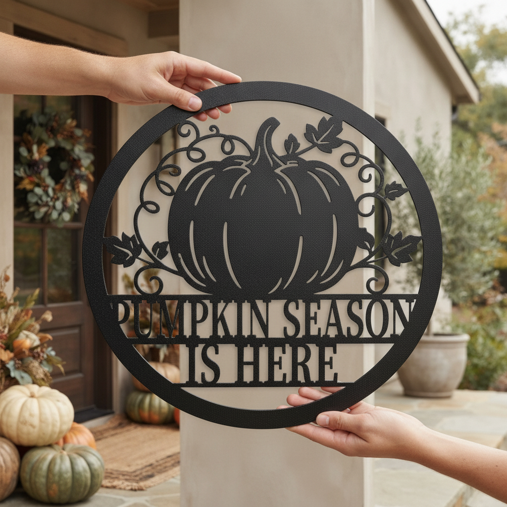 Pumpkin Season is here Kürbis mit Ranken Metallschild rund – Bild 1