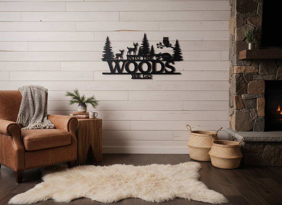 Metallschild Into the Woods We Go mit Bär, Hirsch und Waldtieren aus schwarzem Stahl – Bild 3