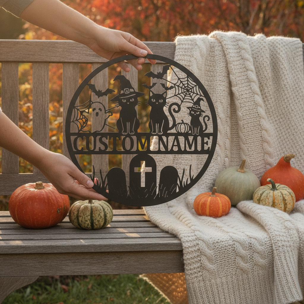 Personalisiertes Halloween Katzenschild mit Namen aus schwarzem Stahl – Bild 6