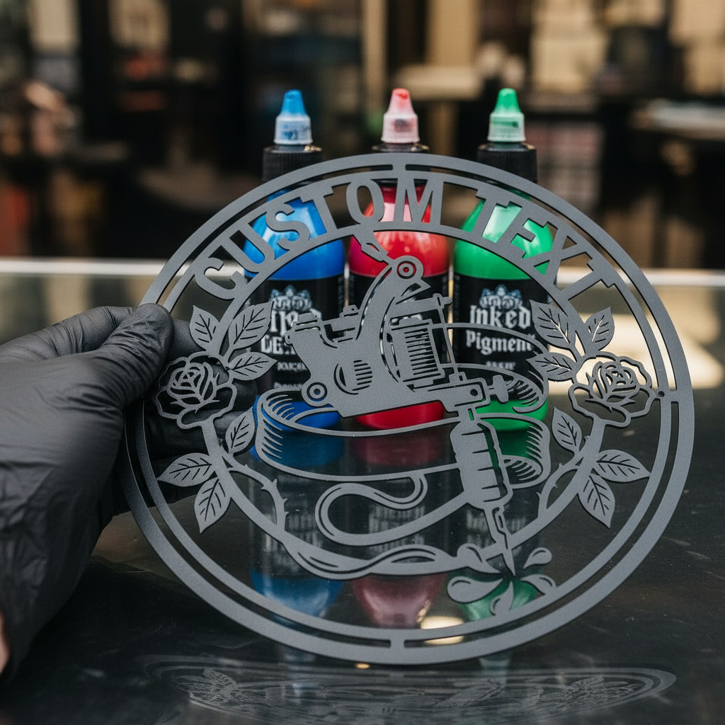 Personalisiertes rundes Tattoostudio Schild mit Tattoomaschine und Rose aus schwarzem Stahl – Bild 6