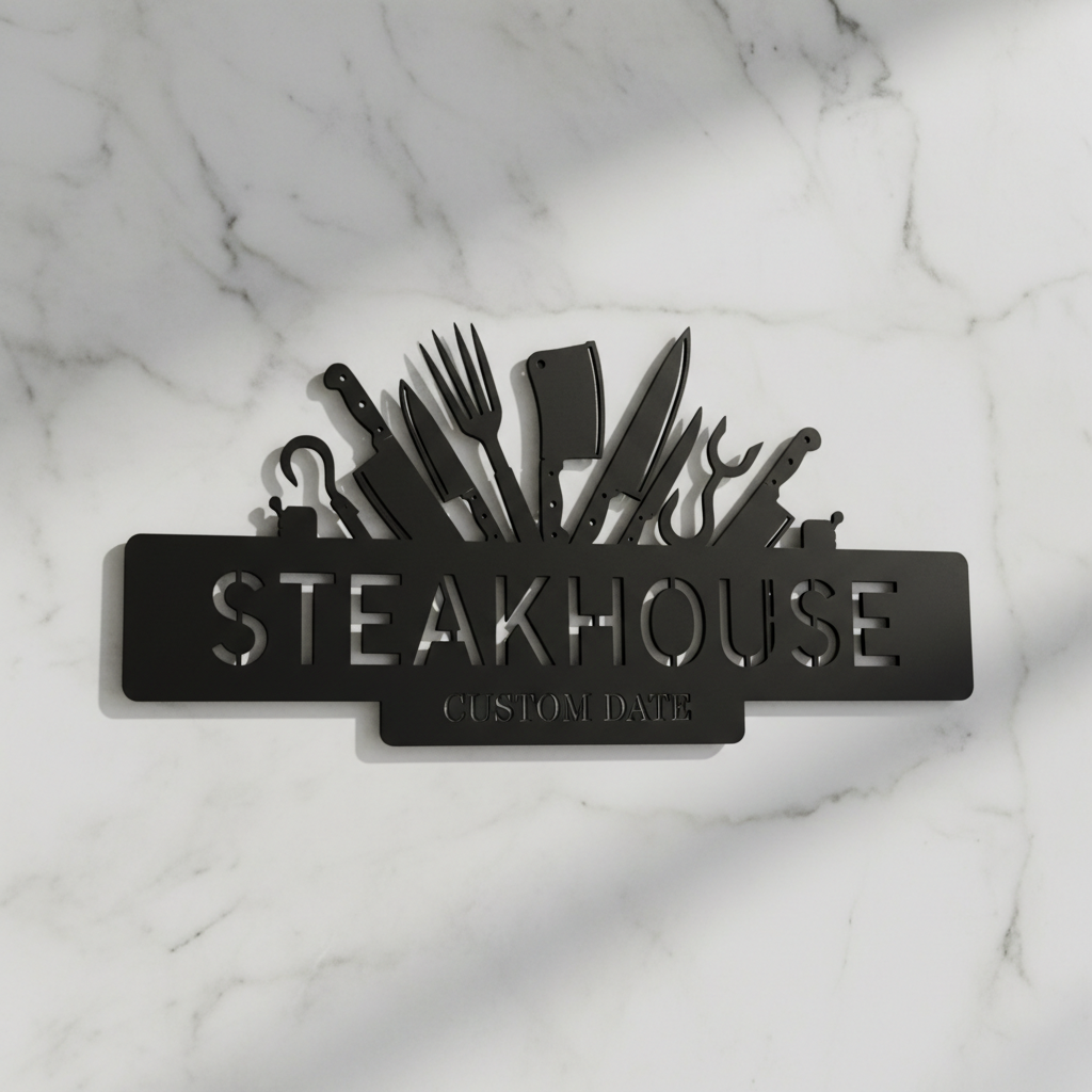 Personalisiertes Steakhouse BBQ Schild mit Messern und Hackbeil – Bild 2