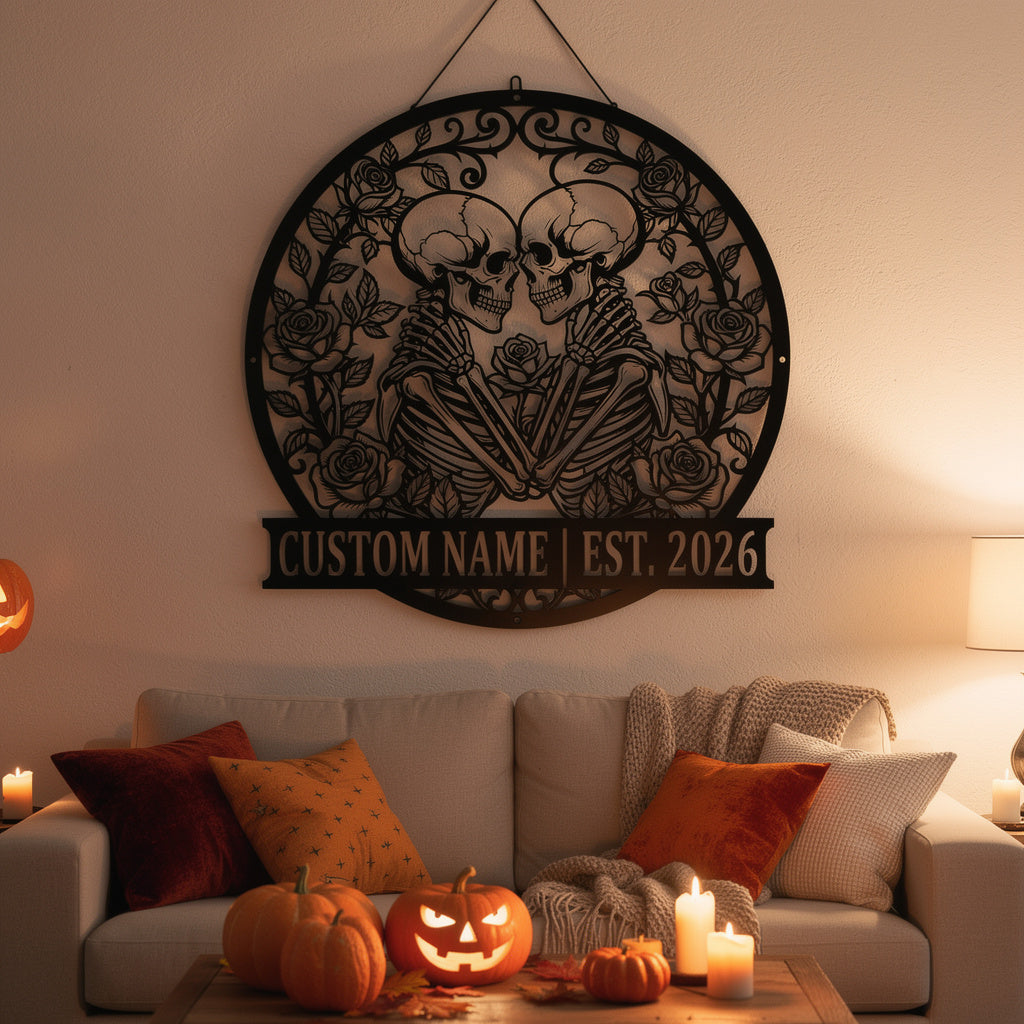 Personalisiertes Skelett-Paar Halloween Metallschild – Bild 2