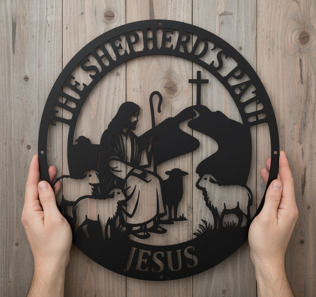 Rundes Metallschild Jesus der gute Hirte mit Lämmern und Kreuz aus schwarzem Stahl – Bild 3