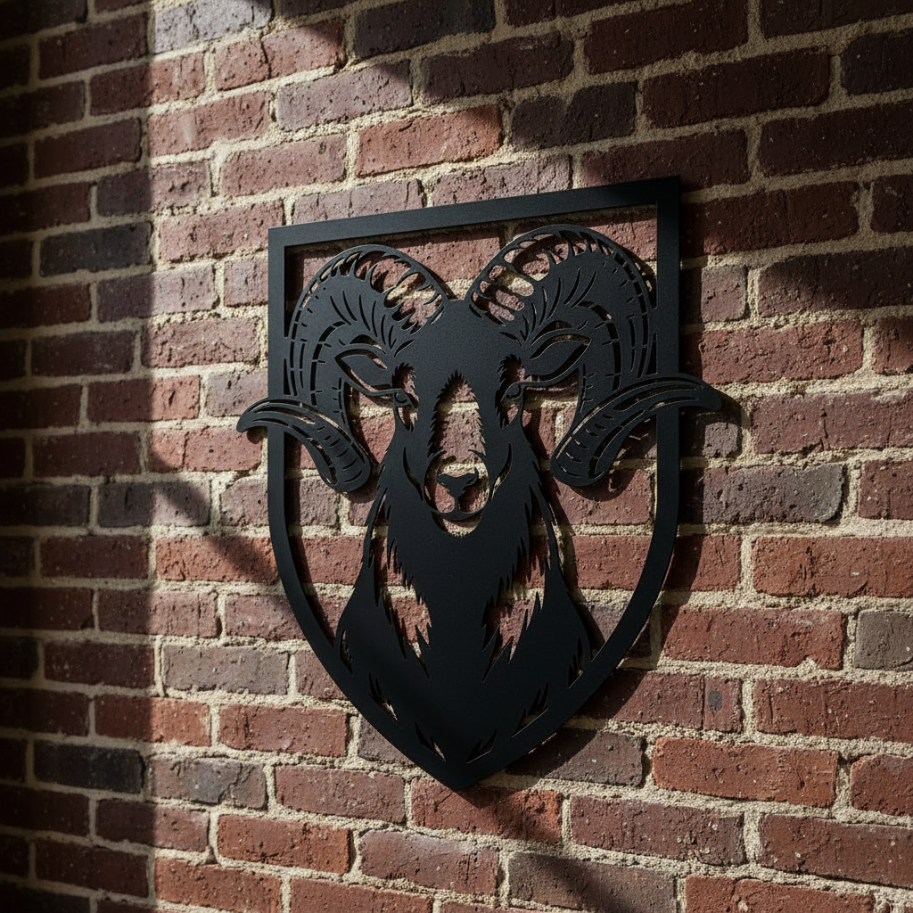 Wanddeko aus Metall mit Widderkopf und gedrehten Hörnern auf Wappen aus Stahl – Bild 6