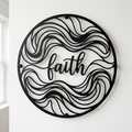 Round Faith metal sign with abstract waves in black steel