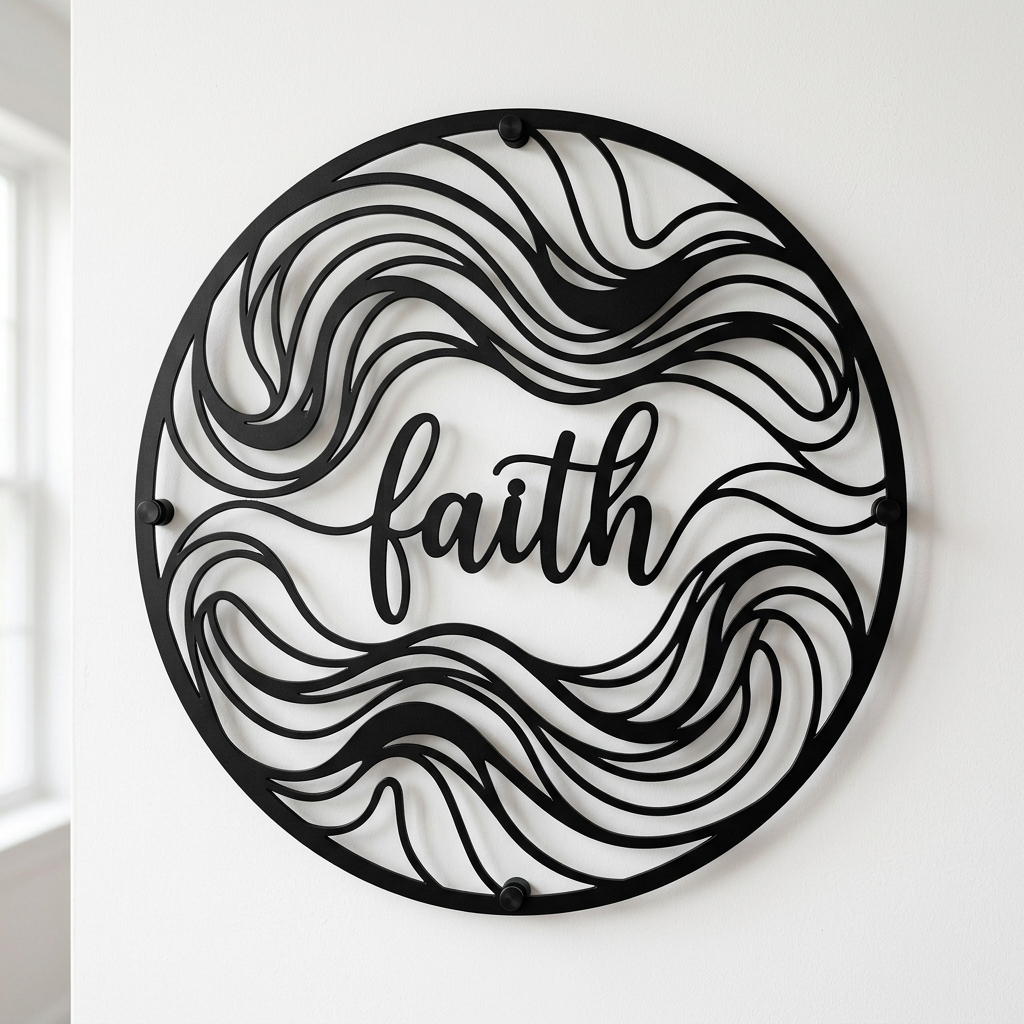 Faith Schriftzug mit abstrakten Wellen Metallschild rund – Bild 1