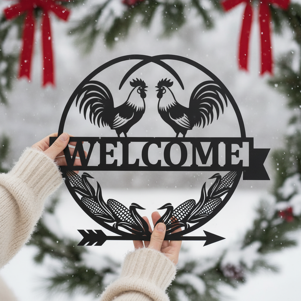 Round rooster welcome sign with corn cobs in black steel – image 4