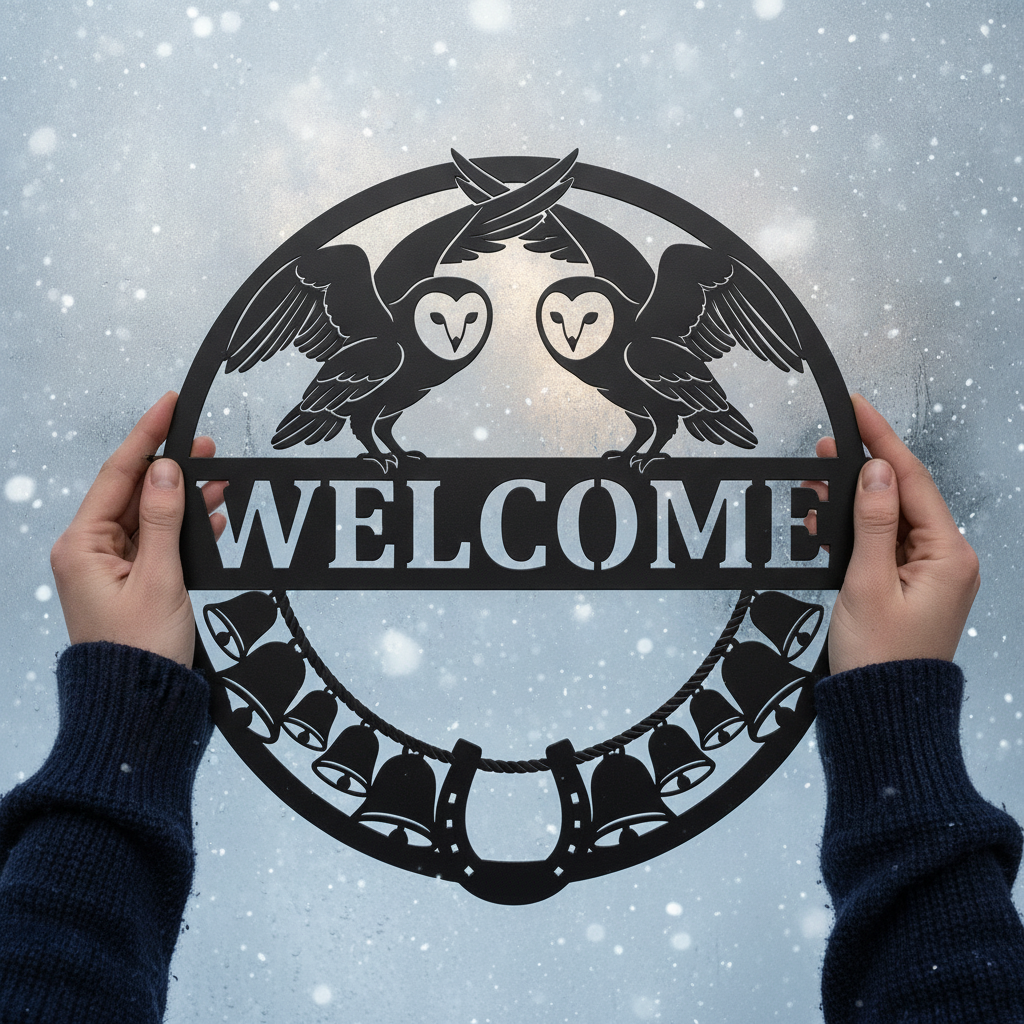 Round owl welcome sign with bells and horseshoe in black steel – image 7
