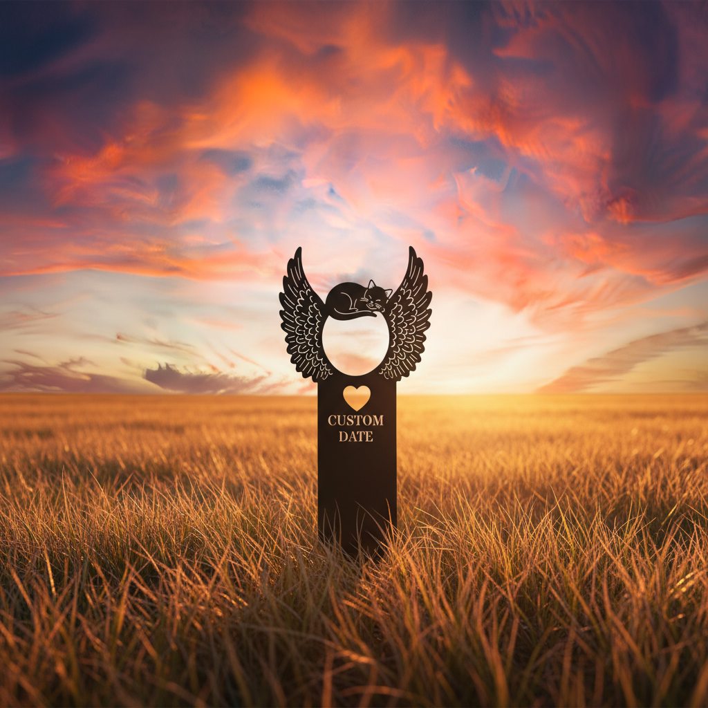 Personalized cat memorial garden stake with sleeping cat and angel wings in black steel – image 10