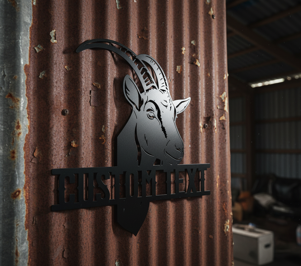 Personalized goat head metal sign with name for the goat barn in black steel – image 5