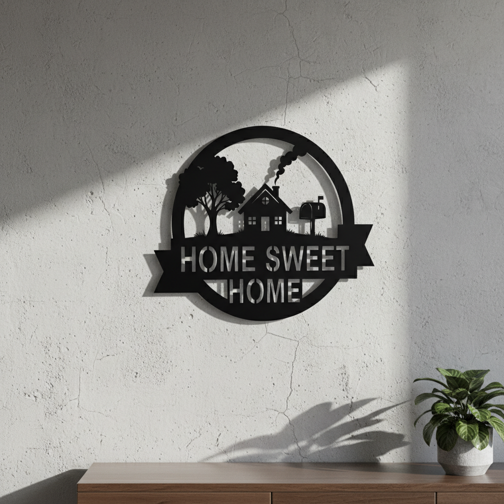 Round Home Sweet Home metal sign with house and mailbox in black steel