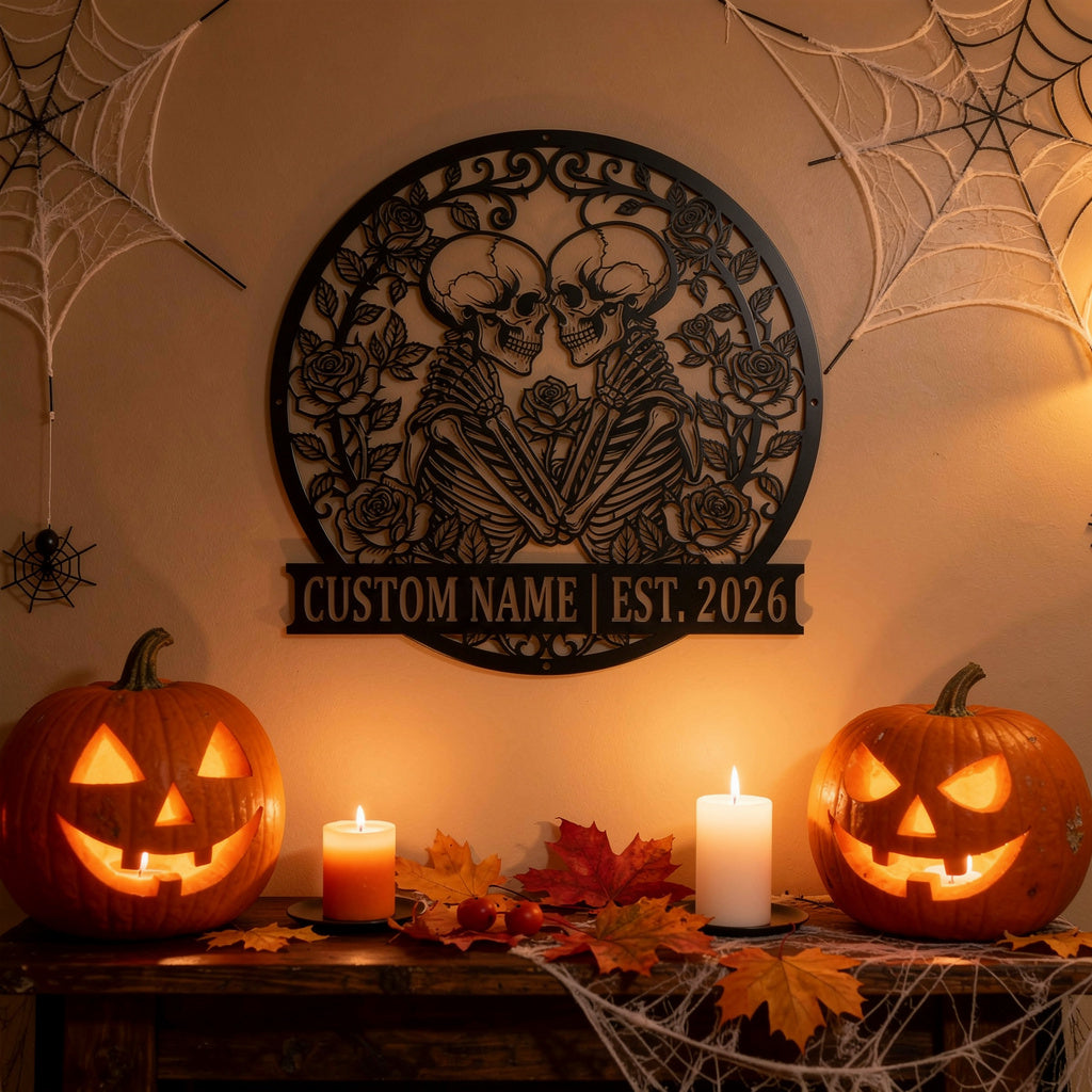 Personalisiertes Skelett-Paar Halloween Metallschild – Bild 6