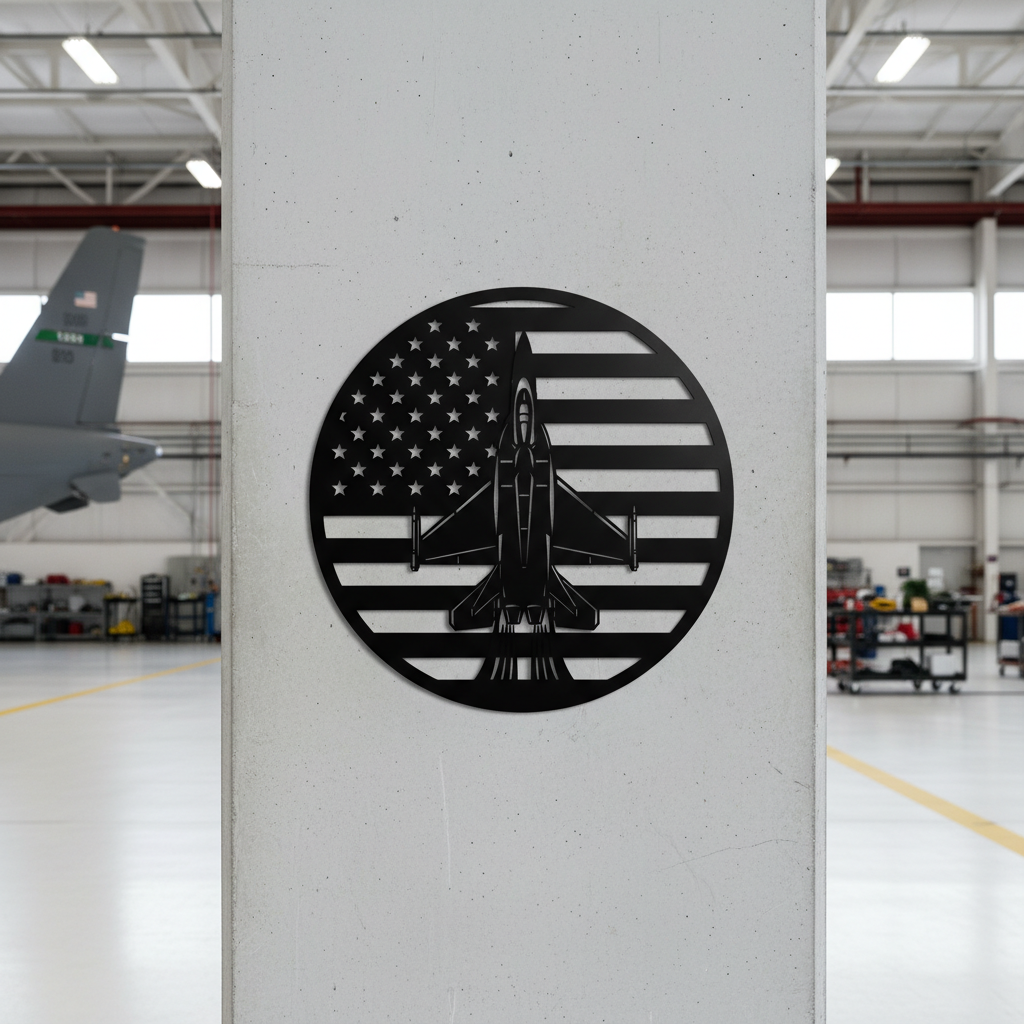 Kampfjet mit amerikanischer Flagge Metall Wanddeko rund – Bild 2