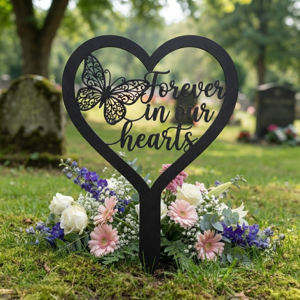 Forever in our hearts Schmetterling Herz Gedenkstecker – Bild 2