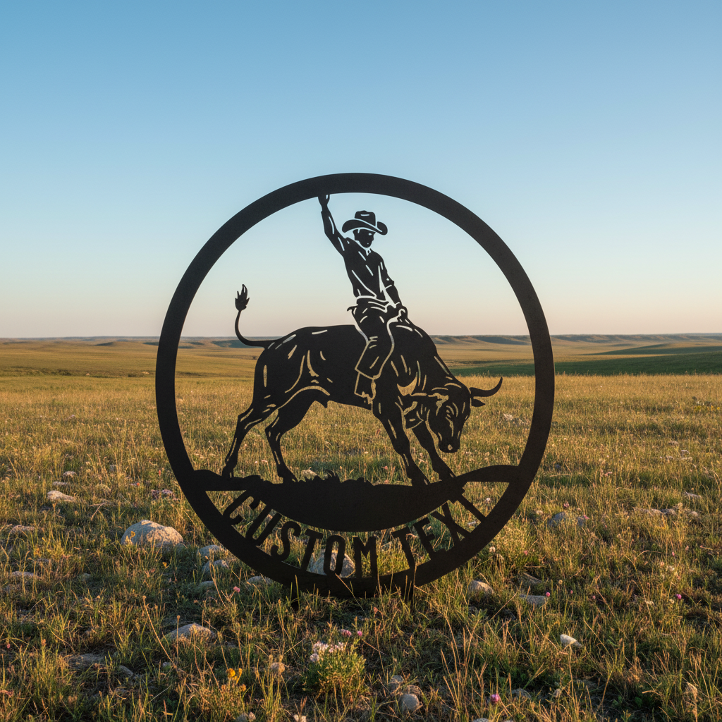 Personalized round rodeo bull rider metal sign with name in black steel – image 8