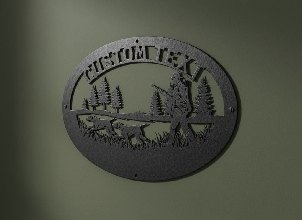 Personalisiertes ovales Jagdschild mit Jäger und Jagdhunden aus schwarzem Stahl – Bild 7