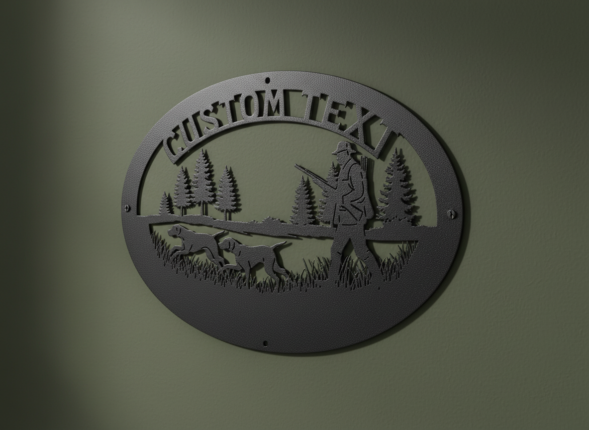 Personalisiertes ovales Jagdschild mit Jäger und Jagdhunden aus schwarzem Stahl – Bild 7