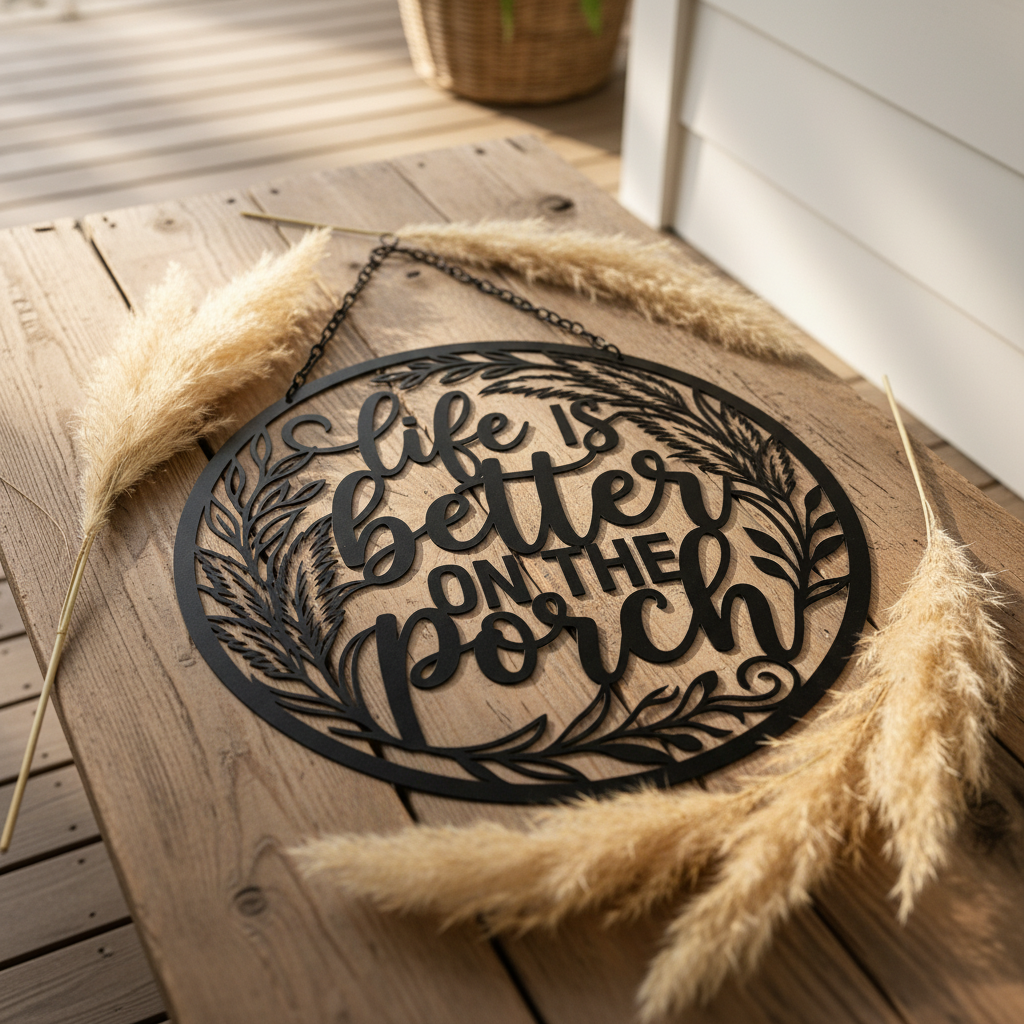 Rundes Boho Metallschild mit Pampasgras und Spruch aus schwarzem Stahl – Bild 9