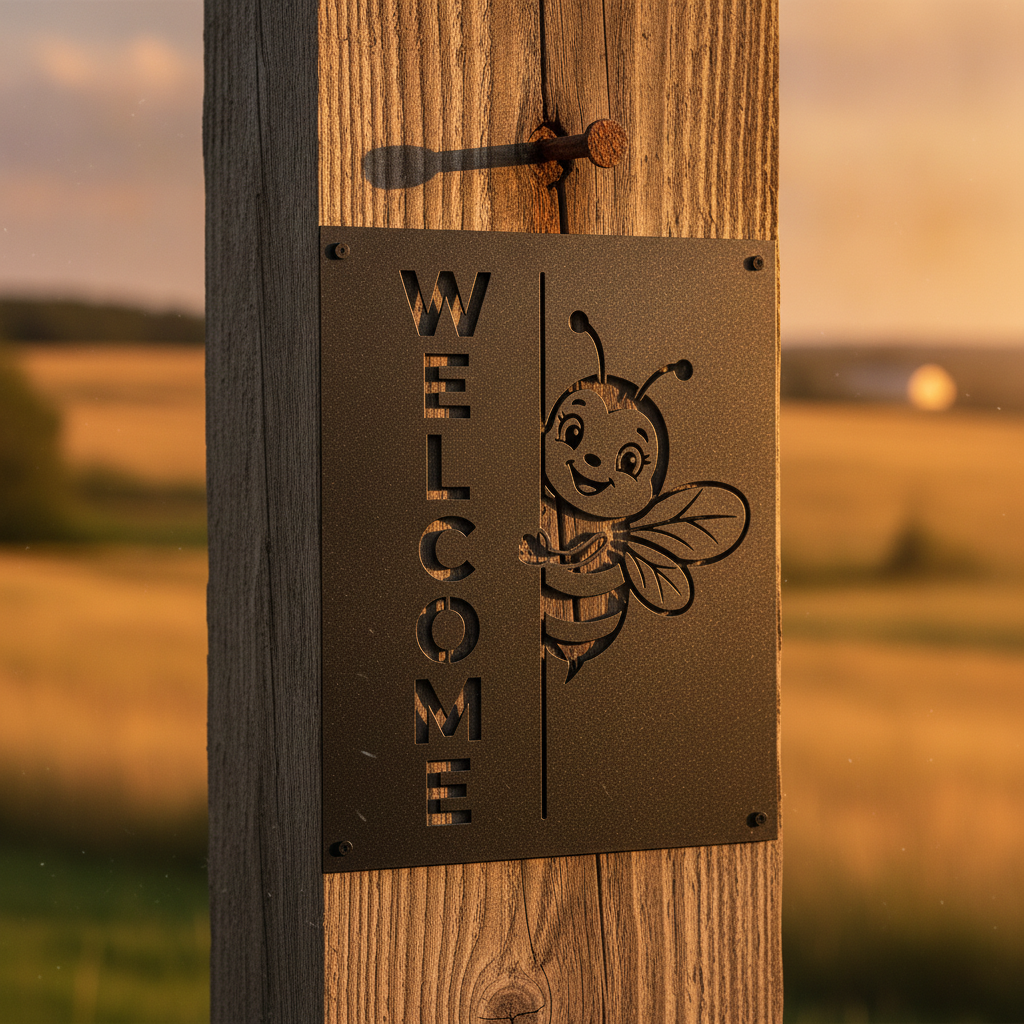 Square bumblebee welcome metal sign in black steel – image 9