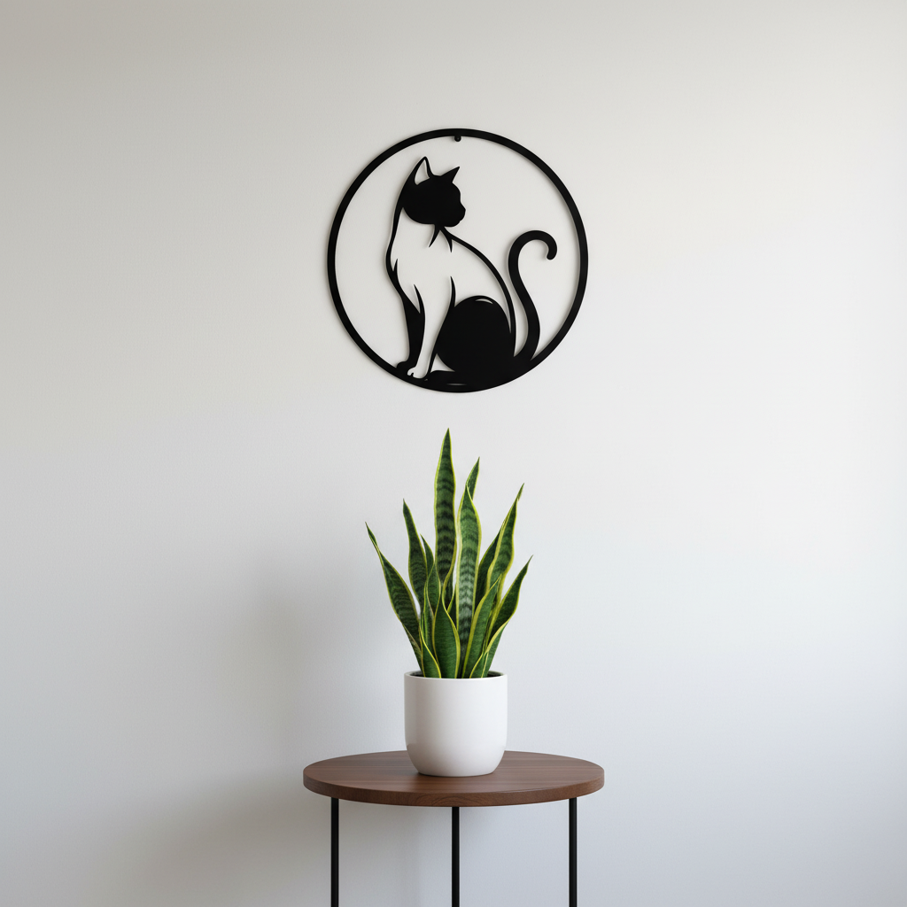 Round cat profile silhouette metal wall art in black steel – image 2