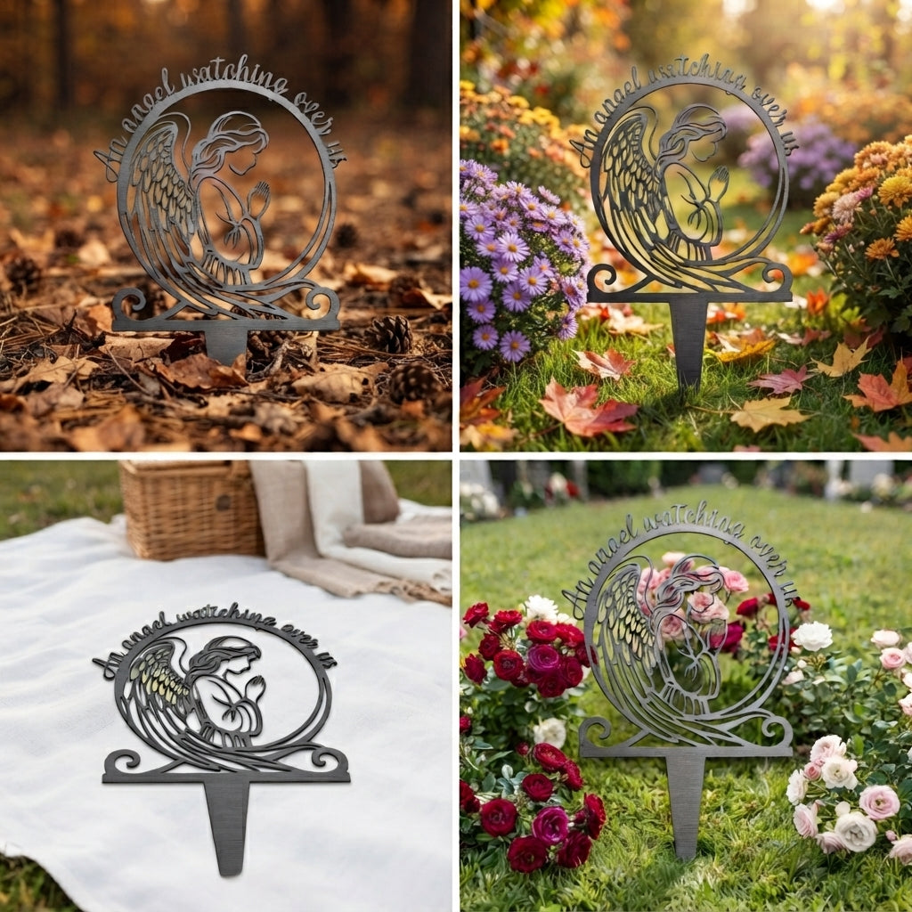 Praying angel memorial stake with An Angel Watching Over Us in black steel – image 6