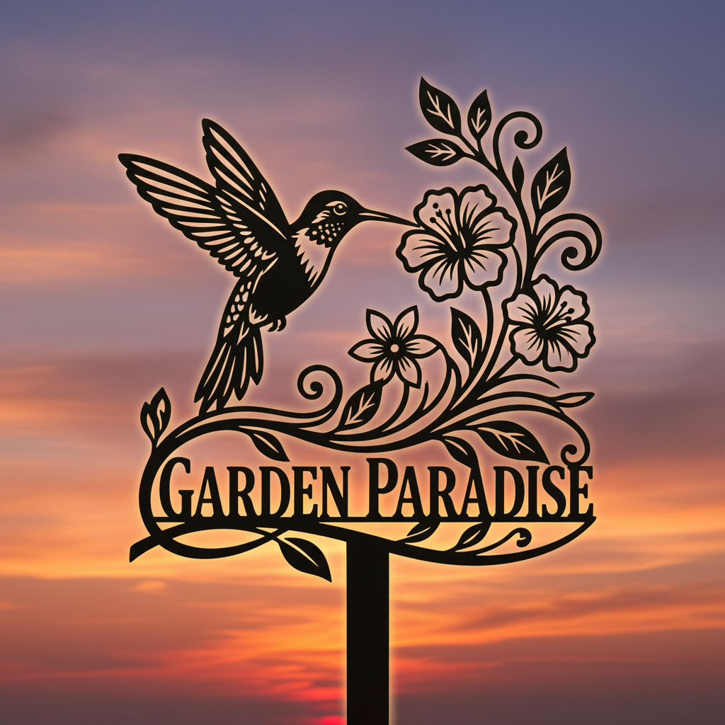 Hummingbird garden stake with flowers in black steel for beds and planters – image 7