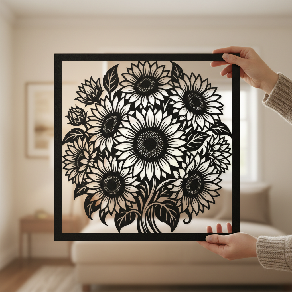 Quadratische Sonnenblumen Wanddeko aus Metall mit Sonnenblumenstrauß aus schwarzem Stahl