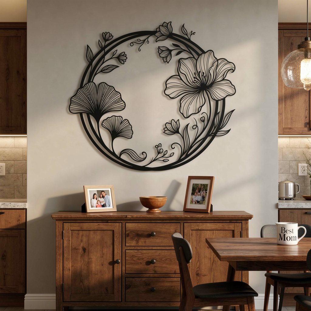 Blumenkranz mit Ginkgoblättern Metall Wanddeko rund – Bild 4