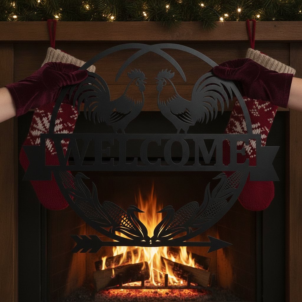 Round rooster welcome sign with corn cobs in black steel – image 6