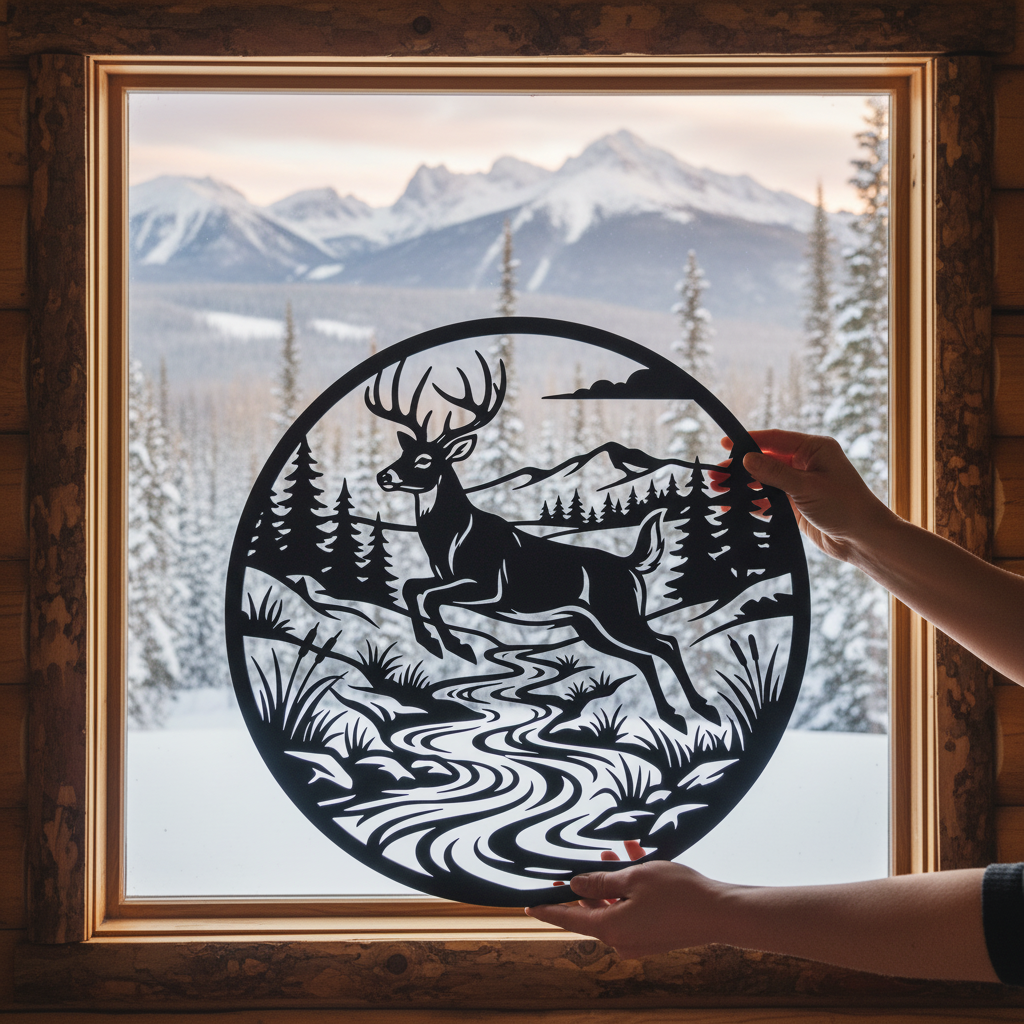 Round metal sign with deer leaping over a river, mountains and forest in black steel – image 9