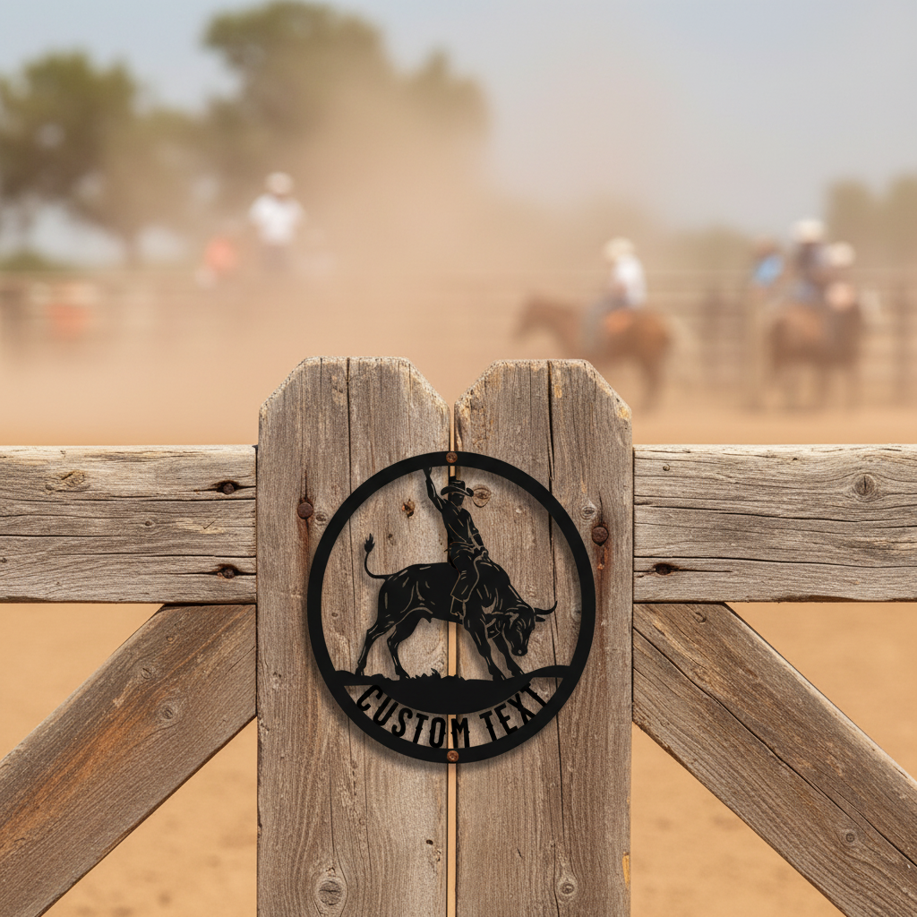 Personalized round rodeo bull rider metal sign with name in black steel – image 3