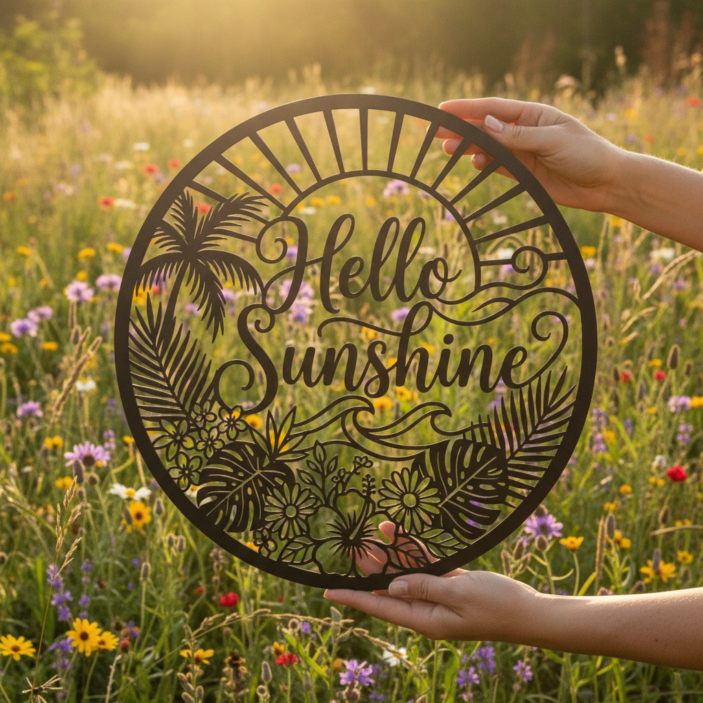 Rundes Metallschild Hello Sunshine mit Palmen, Sonne und Meer aus schwarzem Stahl – Bild 10