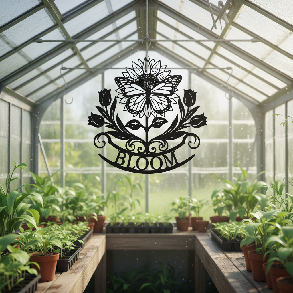 Bloom metal sign with sunflower, tulips and butterfly in black steel – image 5