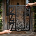 Custom house number sign with hummingbird and street name in black steel