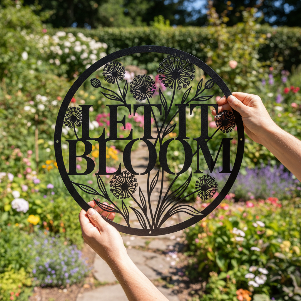 Personalized round dandelion metal sign with Let it Bloom and name in steel – image 4