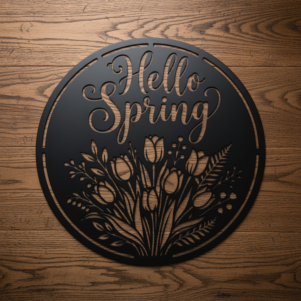 Rundes Metallschild Hello Spring mit Tulpenstrauß aus schwarzem Stahl – Bild 2