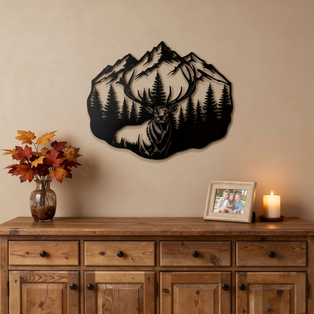 Deer metal sign with stag, mountains and fir trees in black steel – image 7