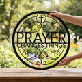 Personalized round Prayer Changes Things metal sign in black steel