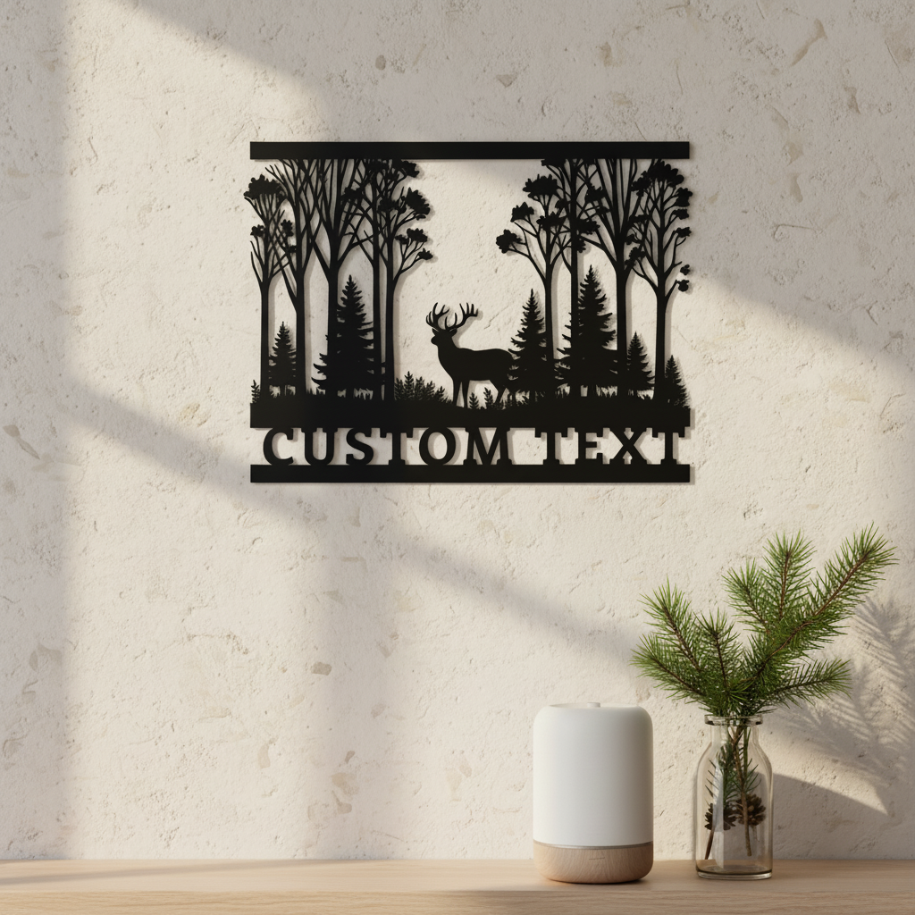 Personalized deer in night forest metal sign with crescent moon in black steel – image 9