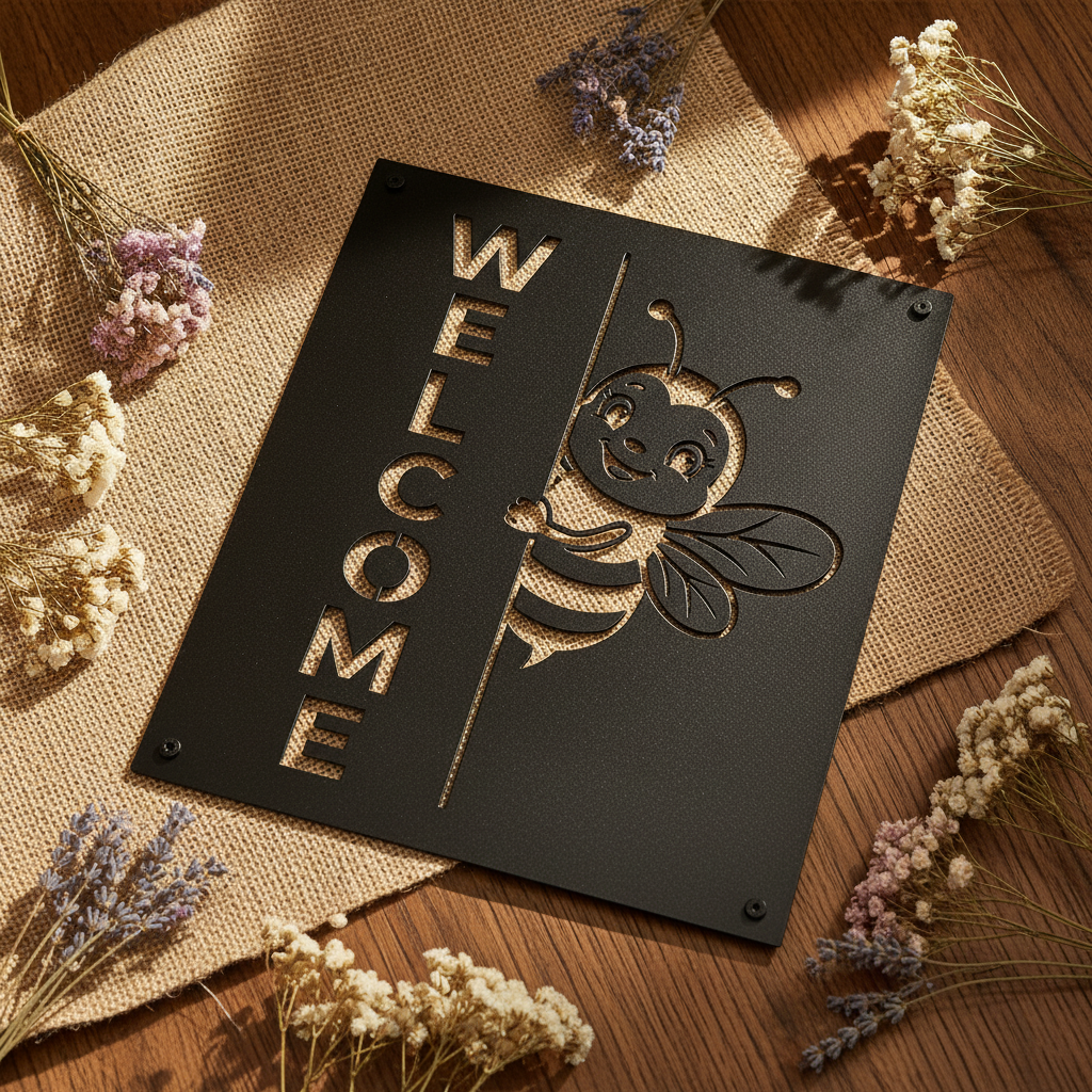 Square bumblebee welcome metal sign in black steel – image 7