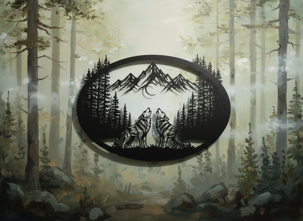 Oval howling wolves metal wall art with mountains and crescent moon in black steel – image 10