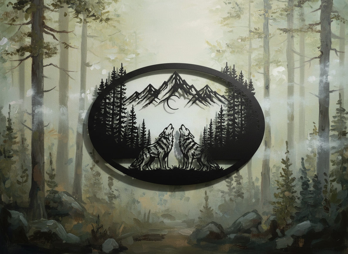 Oval howling wolves metal wall art with mountains and crescent moon in black steel – image 10