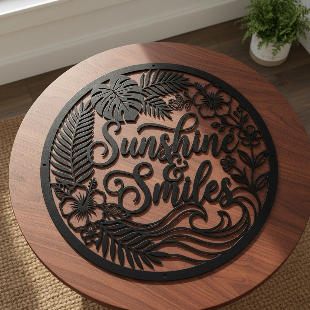 Personalisiertes Sommerschild Sunshine and Smiles mit Sonne und Palmen aus Stahl – Bild 10