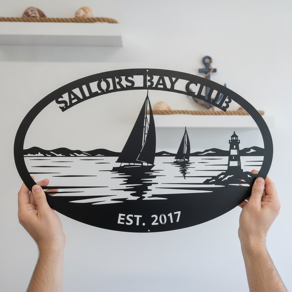 Personalized oval sailing club sign with sailboat and lighthouse in black steel – image 4