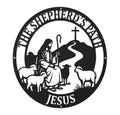 Rundes Metallschild Jesus der gute Hirte mit Lämmern und Kreuz aus schwarzem Stahl